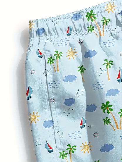 Men's Quick-Dry Swim Trunks with Pockets - Casual Beach Shorts, Lightweight Polyester, Tropical and Nautical Print, Drawstring Waist