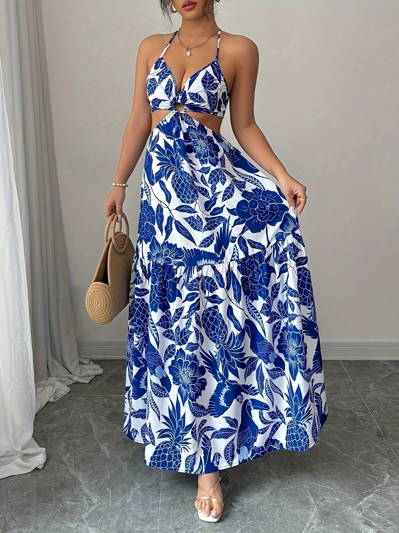 Women's Floral Print Sleeveless Maxi Dress - Blue & White Tropical Design, V-Neck with Front Cutout, A-Line Silhouette, Perfect for Beach, Seaside, and Party Wear, Beach Fashion | Flowy Skirt, Beach Dress