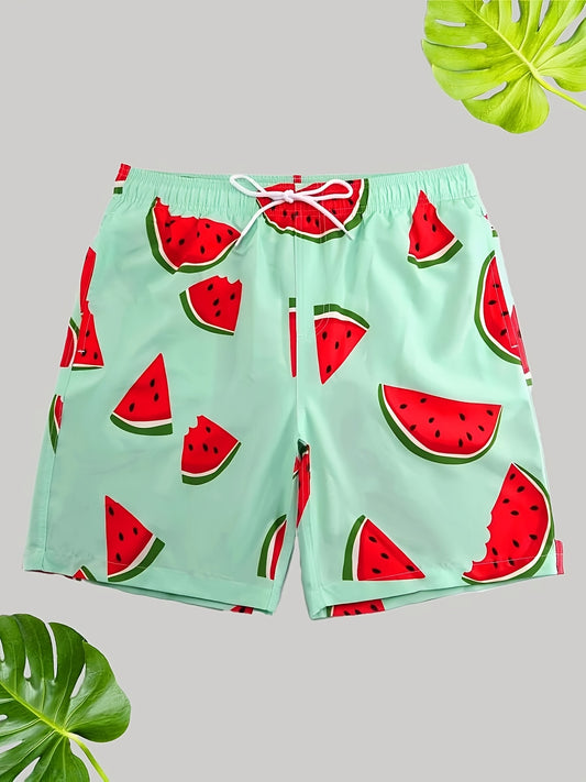 [Everyday Comfort] Men's Casual Watermelon Print Drawstring Swim Trunks - Lightweight Polyester Blend, Ideal for Summer Beach Vacations, Casual Swimwear|Beachthemed Apparel|Lightweight Fabric