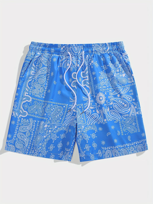 Men's Trendy Paisley Pattern Print Active Shorts, Drawstring Beach Shorts For Summer Beach Resort, Hawaiian Shorts