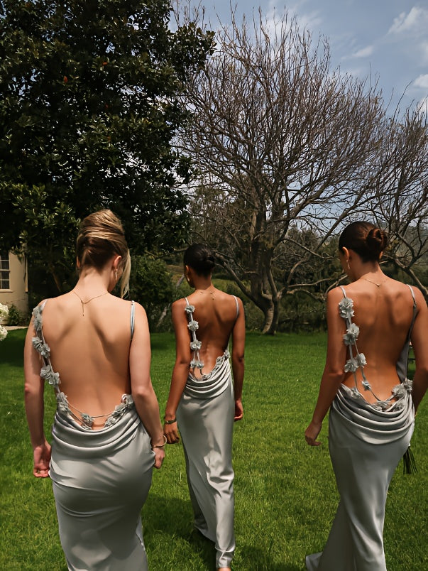 Elegant Backless Glossy Satin Maxi Dress with 3D Floral Detail - Draped Neck, Long Mermaid Hem, Sleeveless for Weddings, Parties & Dates, Light Green, A-Line Silhouette, Formal Evening Attire | Sleek Fitted Dress | Glossy Fab