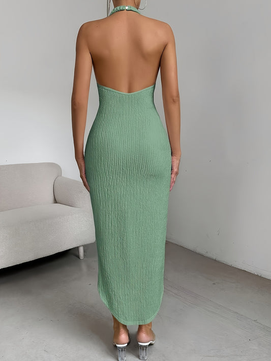 Vibrant Textured Halter Neck Bodycon Dress - Elegant Backless Design, Ruffled Hem, Spring & Summer Essential, Women's Simple yet Chic Clothing for Warm Weather
