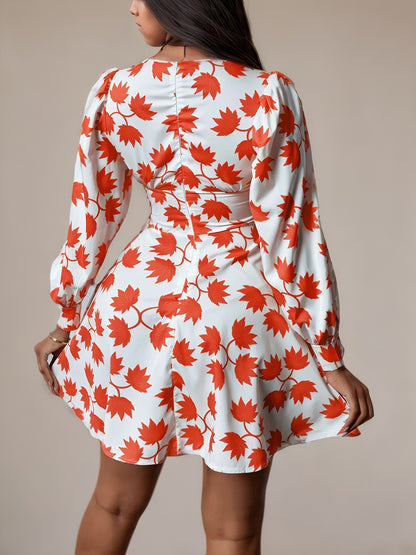Sweet and Stylish Dress Deep V-Neck Floral Print Mini A-Line Women's Summer Long Sleeve Outfit