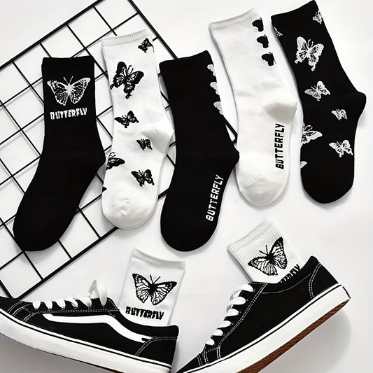 3/5/6 Pairs Women'S Knee-Length Socks, Butterfly Pattern, Black and White, Polyester 95% Spandex 5%, Anti-Odor, Cartoon Style, Knit Fabric, 300g/m², Hand Wash/Dry Clean - Trendy All-Match Long Socks for All Seasons