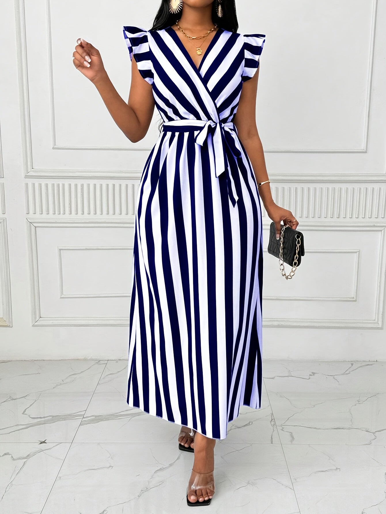 Women's V-Neck Striped Maxi Dress | Polyester A-Line with Ruffle Sleeves and Tie Waist Belt | All-Season, Machine Washable | Elegant Blue & White Vertical Stripes | Casual to Formal Wear