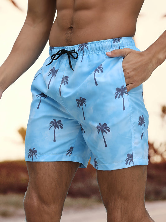 Men'S Light Blue Tropical Palm Print Board Shorts with Drawstring Waist and Pockets - Quick-Dry, Non-Stretch Swim Trunks for Vacation, Summer Leisure, and Beachwear, Summer Swimwear | Tropical Print Shorts | Non-Stretch Mater