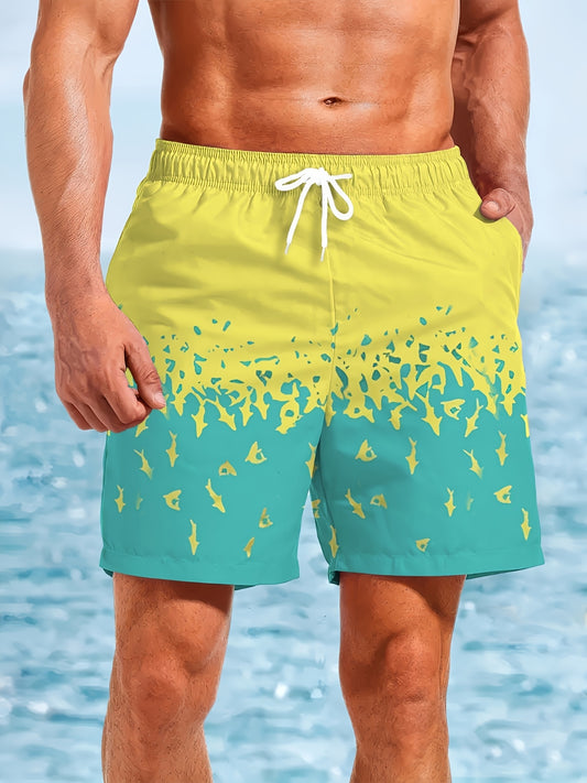 Men'S Beach Shorts Featuring a Colorful 3D Print Design of a Small Shark, Quick-Drying Drawstring Swim Trunks Suitable for Summer Outdoor Activities, Beach Vacations, Swimming, And Surfing (Middle East).