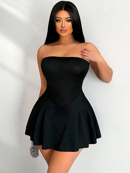 Women's Elegant Strapless Bodycon Mini Dress - Form-Fitting Top & Flowy Skirt, Stretchy Machine-Washable Black Dress for Spring/Summer, Party or Casual Outfits, Party Attire | Flared Skirt Style | Medium Elasticity