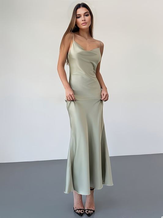 Elegant Backless Glossy Satin Maxi Dress with 3D Floral Detail - Draped Neck, Long Mermaid Hem, Sleeveless for Weddings, Parties & Dates, Light Green, A-Line Silhouette, Formal Evening Attire | Sleek Fitted Dress | Glossy Fab