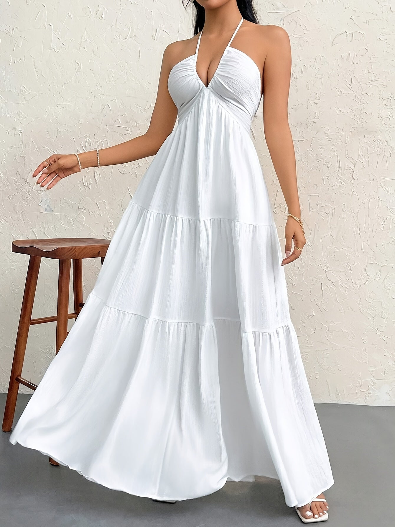 Elegant Ruffled Hem A-Line Maxi Dress - Women's Clothing - Halter Neck, Tie Back, Cut Out, Solid Color, Formal, Chic, and Sophisticated - Perfect for Wedding, Party, or Special Occasion