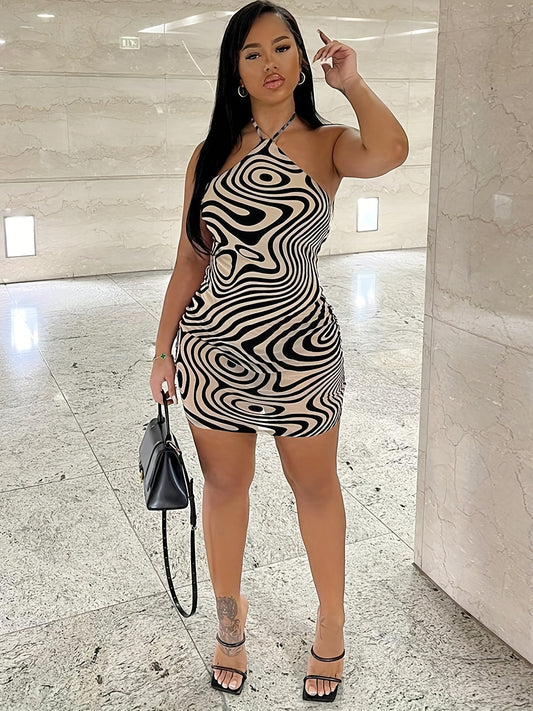 Chic Geometric Print Halter Mini Dress for Women - Sleeveless, Bodycon Fit, Perfect for Summer Beach Parties, Spaghetti Strap, Short Dress