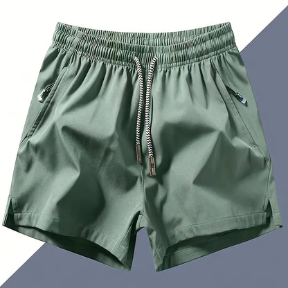 Men's Quick-Dry Athletic Shorts - Lightweight, Loose Fit with Zipper Pockets, Drawstring Waist, Solid Black Polyester Blend, Ideal for Beach & Casual Wear