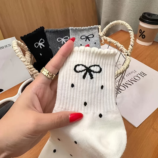 4 Pairs Bow & Polka Dot Print Socks, Cute Japanese Style Ruffle Mid Tube Socks For Fall & Winter, Women's Stockings & Hosiery