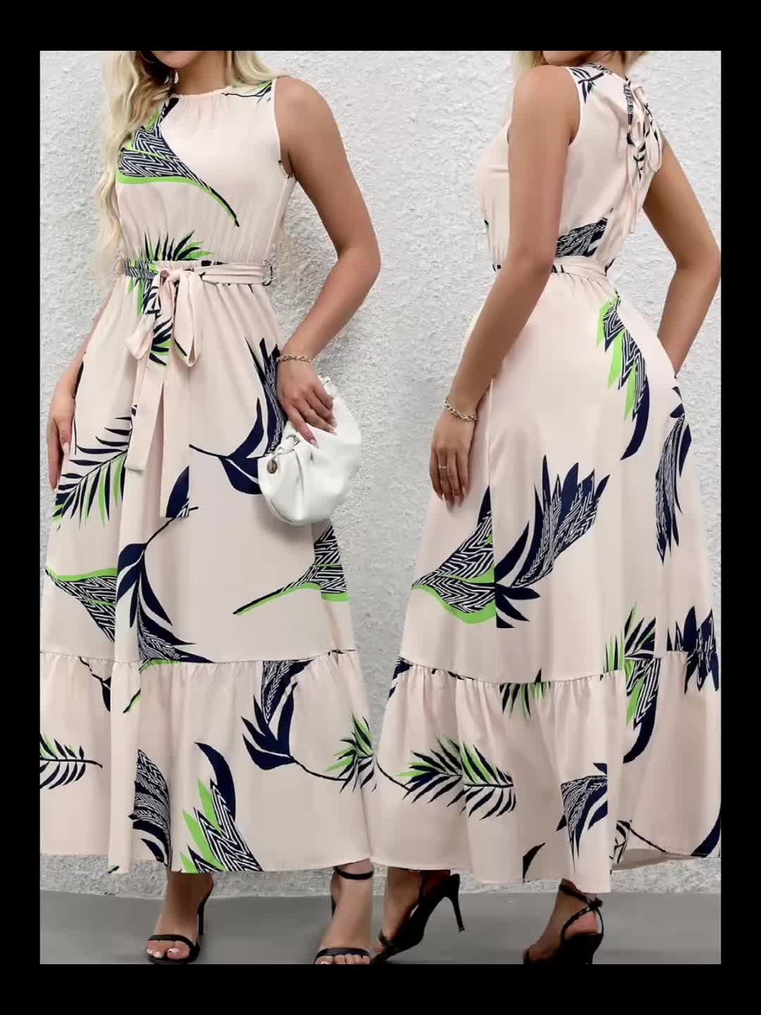 Tropical Plant Print Polyester Women's Elegant Sleeveless Maxi Dress with Belt - Round Neck, Spring/Summer 2025 Collection