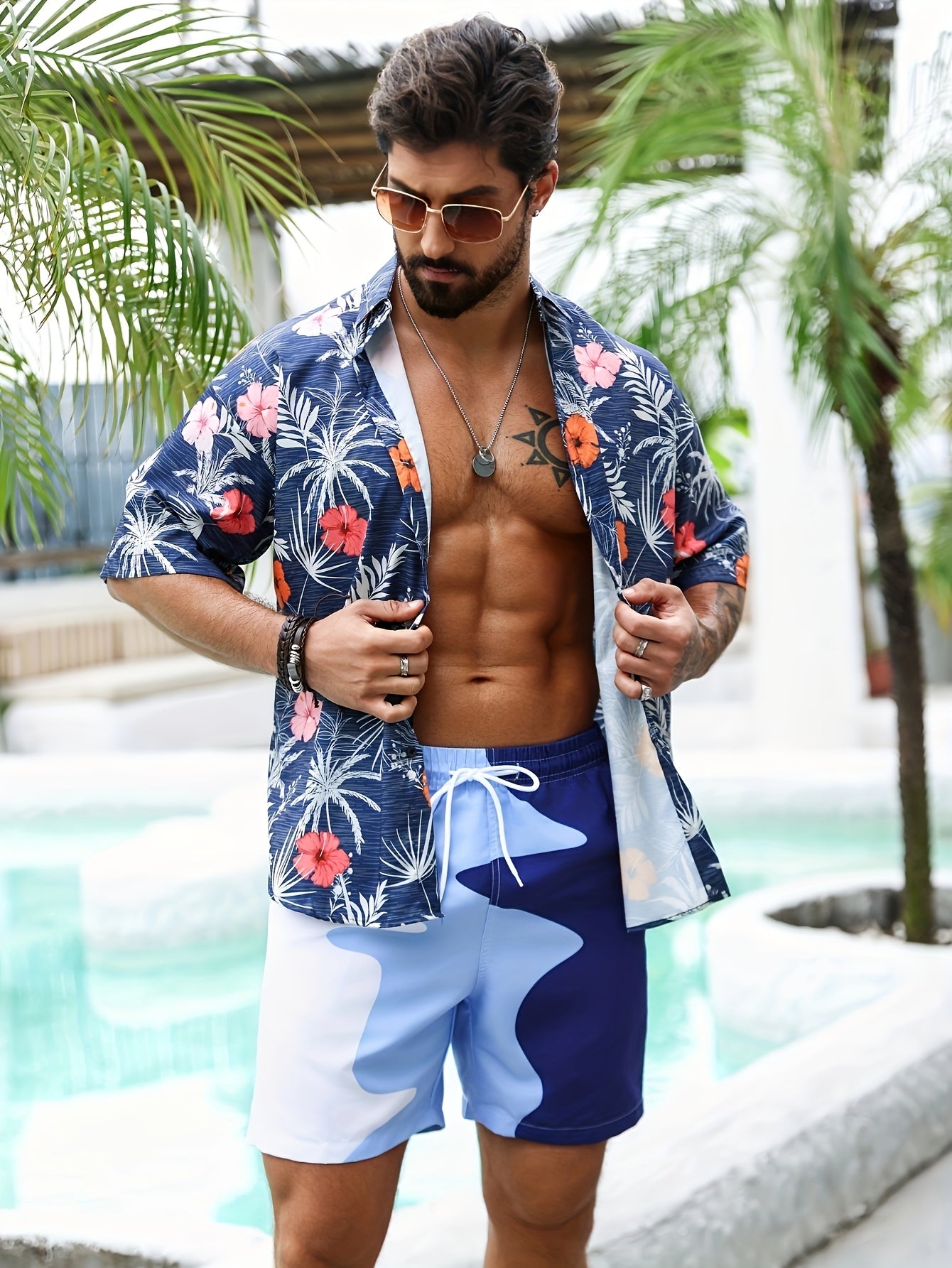 Men's Casual Color-Block Swim Trunks with Adjustable Drawstring - Quick-Dry, Non-Stretch Fabric, Perfect for Beach & Poolside Relaxation, Adjustable Swim Trunks | Colorblock Pattern | Nonstretch Material