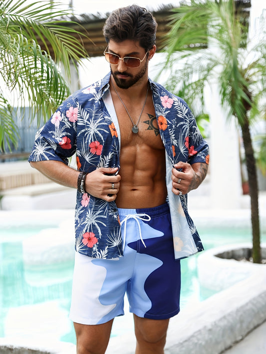 Men's Casual Color-Block Swim Trunks with Adjustable Drawstring - Quick-Dry, Non-Stretch Fabric, Perfect for Beach & Poolside Relaxation, Adjustable Swim Trunks | Colorblock Pattern | Nonstretch Material
