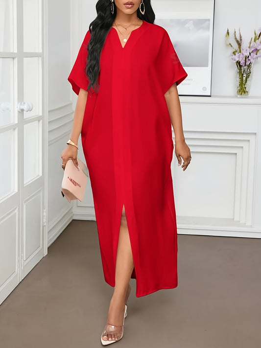 [Elegant Red Kaftan Dress] Short Sleeve Red Elegant Kaftan Dress - Loose Fit, Solid Color Maxi Length with Side Slit, Machine Washable Polyester - Ideal for Spring/Summer Events