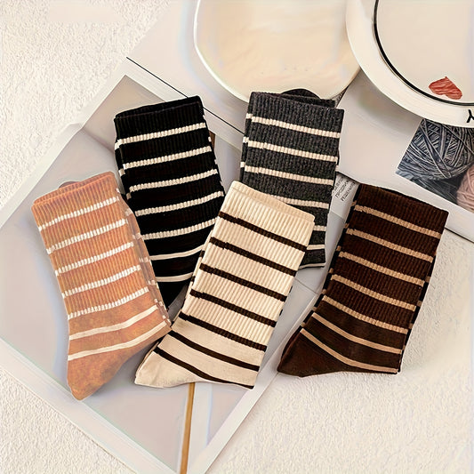 Comfortable 5pcs Mid-Calf Striped Socks - Breathable Polyester/Nylon Blend, Machine Washable