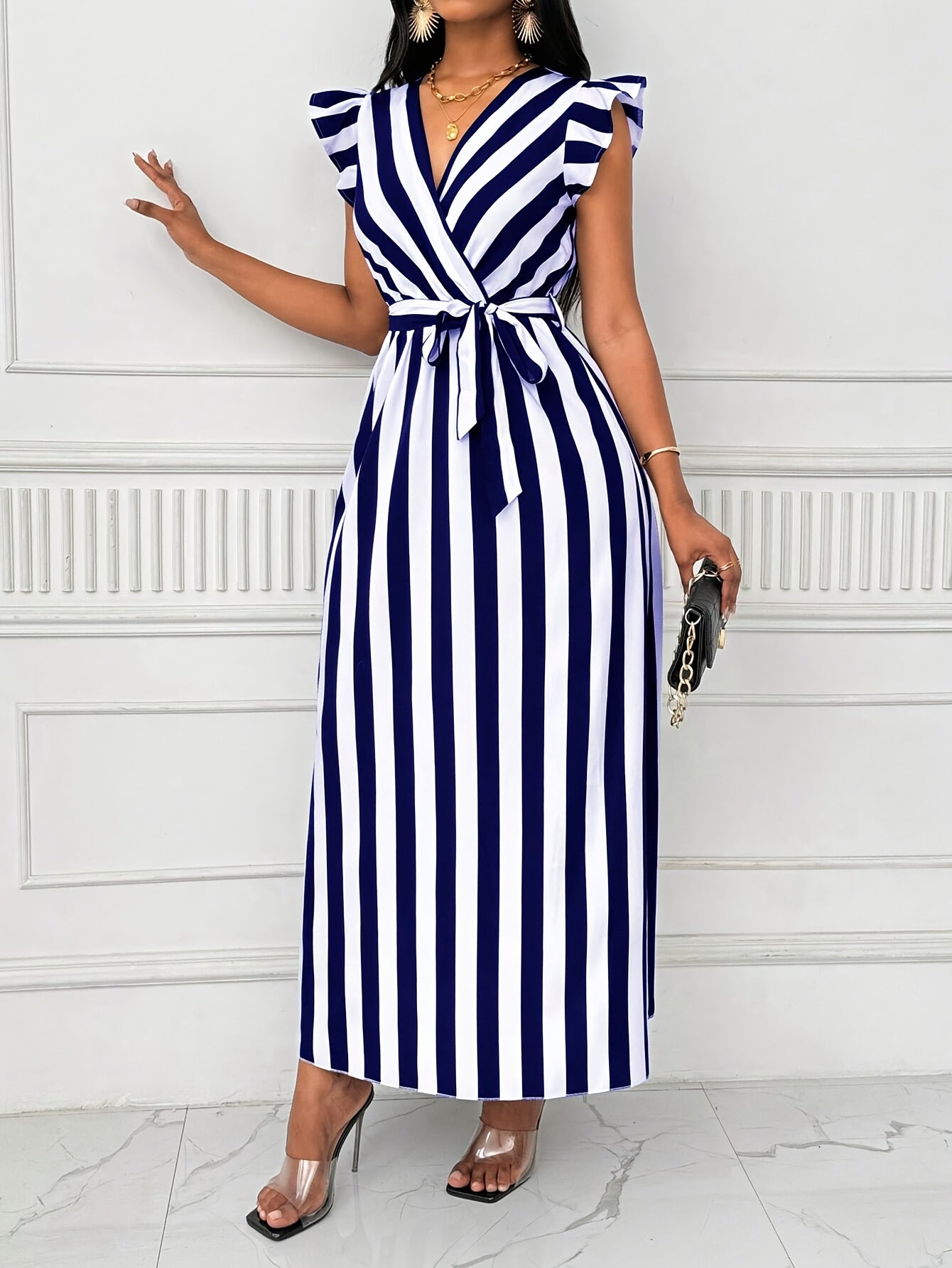 Women's V-Neck Striped Maxi Dress | Polyester A-Line with Ruffle Sleeves and Tie Waist Belt | All-Season, Machine Washable | Elegant Blue & White Vertical Stripes | Casual to Formal Wear