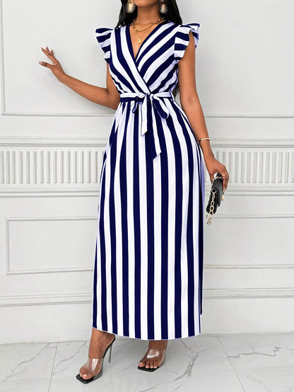 Women's V-Neck Striped Maxi Dress | Polyester A-Line with Ruffle Sleeves and Tie Waist Belt | All-Season, Machine Washable | Elegant Blue & White Vertical Stripes | Casual to Formal Wear