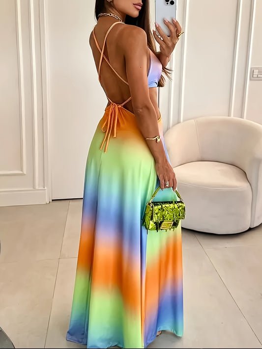 Women's Elegant Tie-Dye Print Maxi Dress - Sleeveless V-Neck with Adjustable Tie-Back, Vibrant Ombre Design in Pink to Blue, Perfect for Summer Vacations and Casual Outings, Cute Summer Dresses