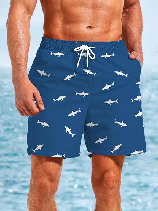 Men'S Beach Shorts Featuring a Group of Adorable Little Sharks in a High-Definition 3D Print, Quick-Drying Swim Trunks with Drawstring, Perfect for Summer Outdoor Activities, Beach Vacations, Swimming, And Surfing.