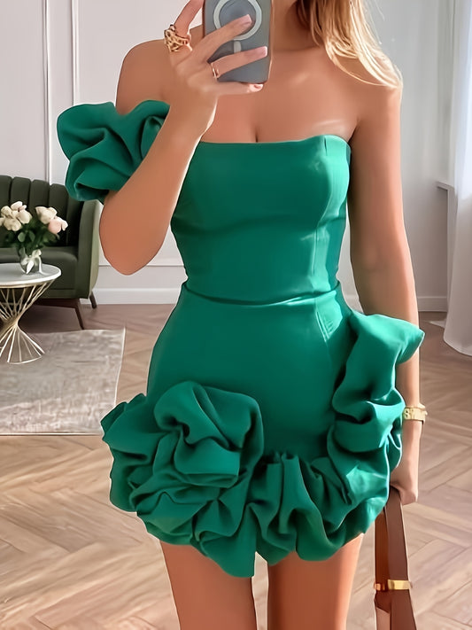 Sexy One-Shoulder Bodycon Dress with Ruffled Hem - Emerald Green Stretchy Summer Dress for Women, Form-Fitting Party & Casual Outfits, Evening Wear | Offshoulder Fashion | Smooth Fabric