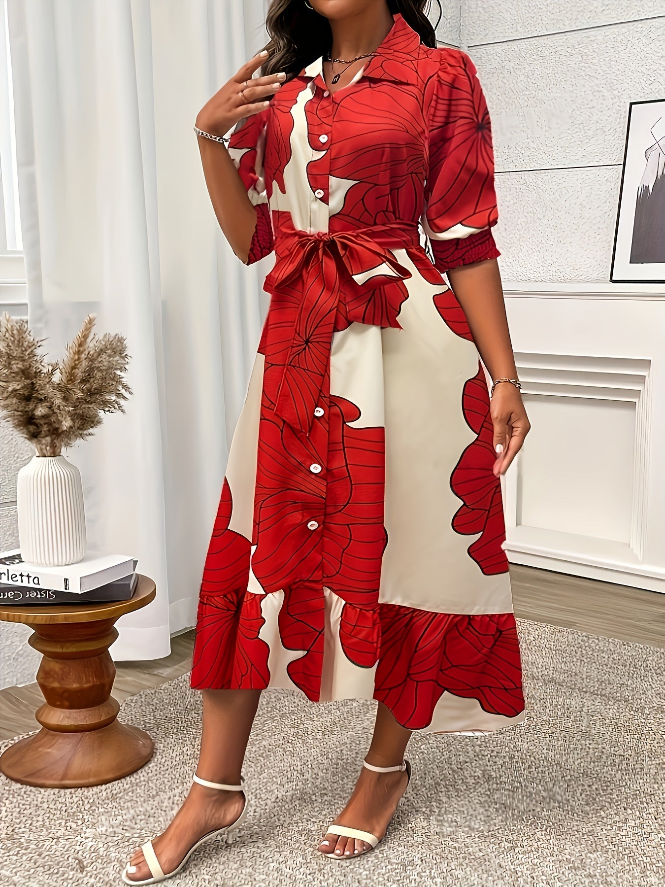 Print Maxi Dress with Tie Waist - Long Sleeve, Button-Up Collar, Machine Washable Polyester - Chic A-Line Silhouette for Spring/Summer/Fall Events, Spring Summer Dress|Elegant Floral Print Dress|Polyester Fabric