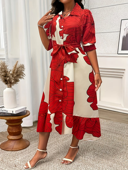Print Maxi Dress with Tie Waist - Long Sleeve, Button-Up Collar, Machine Washable Polyester - Chic A-Line Silhouette for Spring/Summer/Fall Events, Spring Summer Dress|Elegant Floral Print Dress|Polyester Fabric