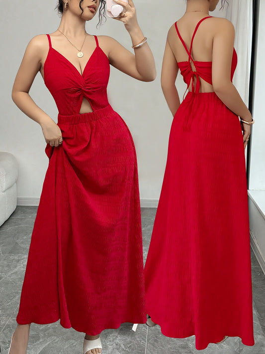 Elegant Red Halter Neck Maxi Dress with V-Neckline and Tie-Up Detail - Perfect for Spring/Summer, Adult, Elegant Attire|Vneckline Dress|Strapless Design