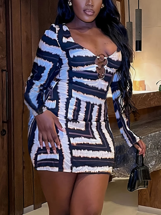 Chic & Sexy V-Neck Cut-Out Long Sleeve Bodycon Mini Dress - Zigzag Print, Polyester Blend, Perfect for Parties & Travel - Machine Washable