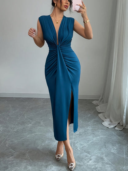 Elegant Blue V-Neck Sleeveless Maxi Dress with Side Slit - Polyester, Form-Fitting, Perfect for Spring/Summer, Adult Women'S Fashion, Elegant Attire| Formfitting Dress|Polyester Fabric