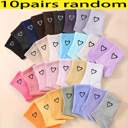 10 Pairs of Mixed Color Colorful Love Couple Short Socks-JM-Couple Cute Simple, Breathable, Fashionable and Versatile, Heart Pattern Socks