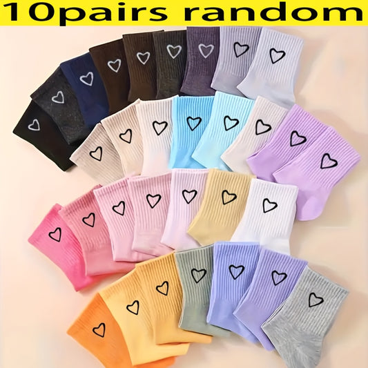 10 Pairs of Mixed Color Colorful Love Couple Short Socks-JM-Couple Cute Simple, Breathable, Fashionable and Versatile, Heart Pattern Socks