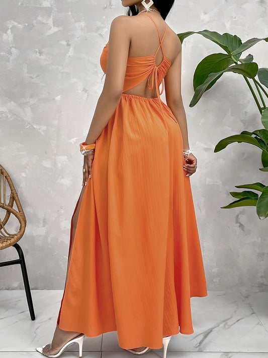 Sexy Orange A-Line Maxi Dress with Slit - 100% Polyester, Sleeveless, Machine Washable, Perfect for Spring/Summer Parties & Beach Outings, Beach Dress
