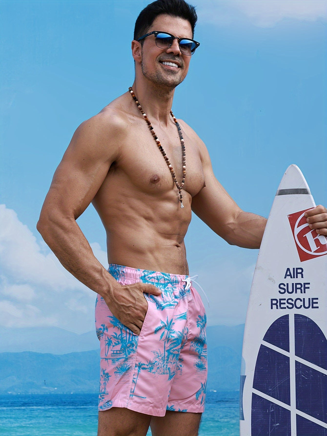 Men'S Pink Beach Shorts with Tropical Palm Print - Non-Stretch Polyester, Lightweight, Regular Fit, Pockets, Vacation Style, Beach Attire|Tropical Print Shorts|Lightweight Shorts
