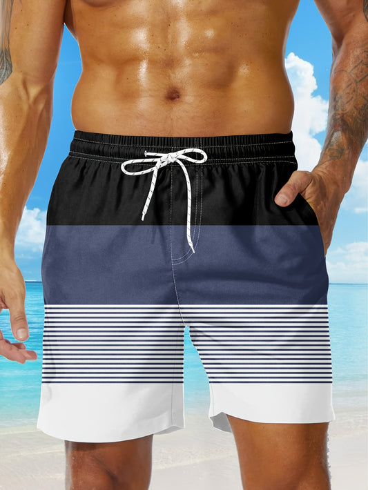 Men'S Fashion Drawstring Beach Shorts with Pockets - Casual Striped & Solid Color Block Design, Non-Stretch Fabric, Perfect for Pool Parties & Vacation