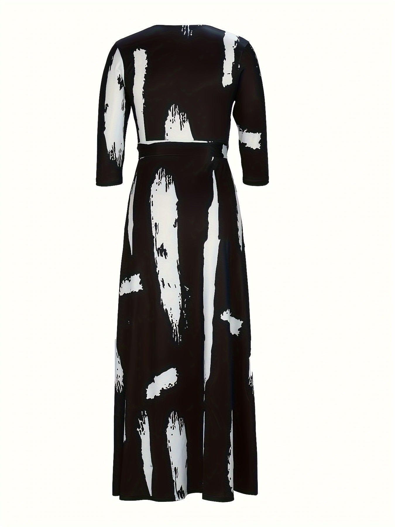 Elegant V-Neck Women's Maxi Dress with Belt - Mid-Sleeve, Printed Design, Machine Washable - Perfect for Spring & Summer