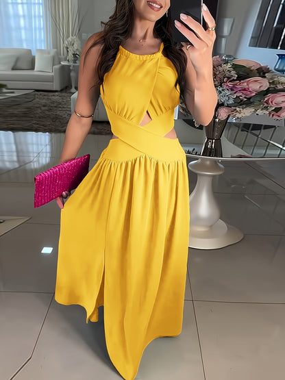 Elegant Off-Shoulder Green Maxi Dress with Cross-Tie Detail, Sleeveless Ruched Summer Dress for Women, Perfect for Parties and Formal Events, Party Evening Wear | Smooth Glossy Fabric