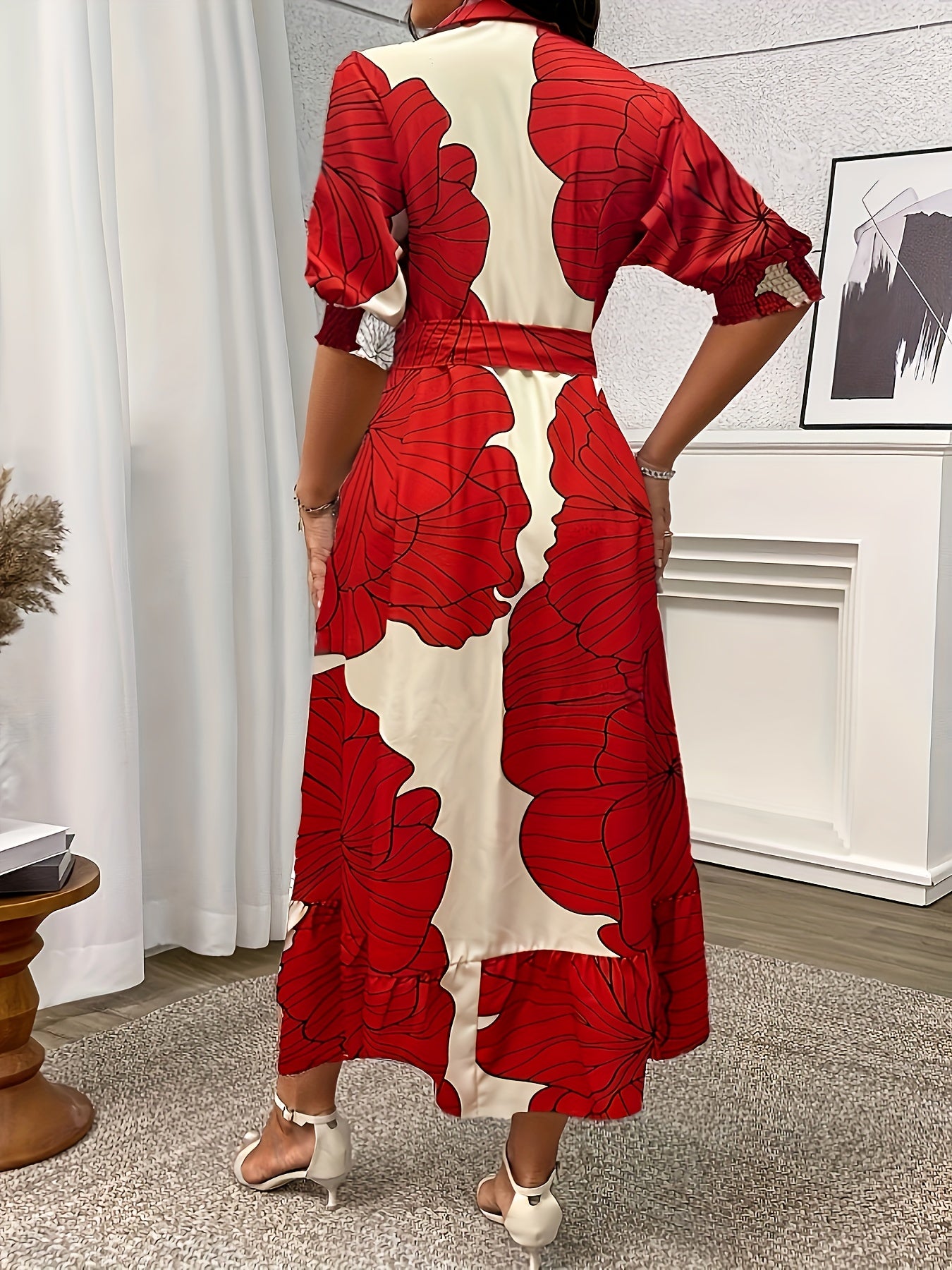 Print Maxi Dress with Tie Waist - Long Sleeve, Button-Up Collar, Machine Washable Polyester - Chic A-Line Silhouette for Spring/Summer/Fall Events, Spring Summer Dress|Elegant Floral Print Dress|Polyester Fabric