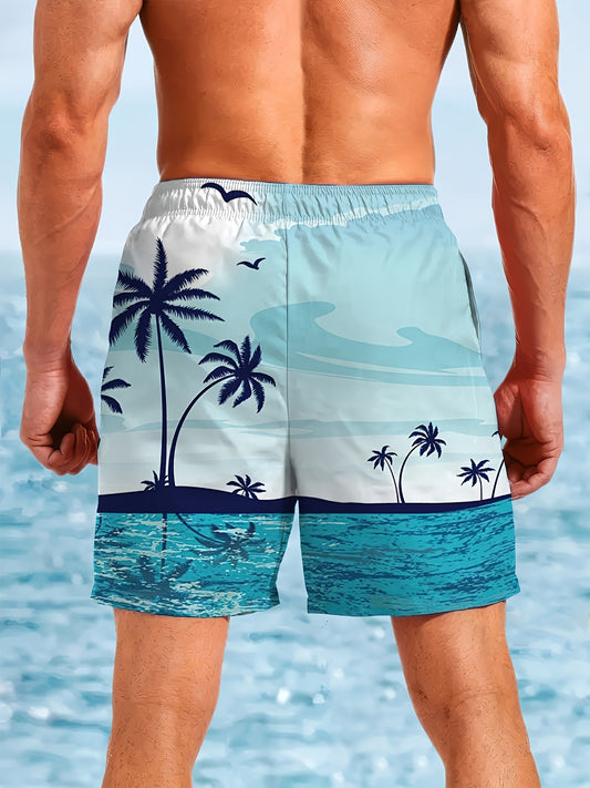 Men's Quick-Dry Beach Shorts with 3D Tropical Palm Tree & Wave Print - Adjustable Drawstring Waist, Lightweight Swim Trunks for Surfing, Swimming, Summer Outdoor Activities & Vacation, Bathing Suits