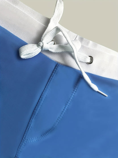 Men'S Solid Color Swim Trunks, High Stretch Knit Fabric, Polyamide 82% & Elastane 18%, Skinny Fit with Drawstring, Side Zipper Pockets, Modest Style for Beach & Vacation
