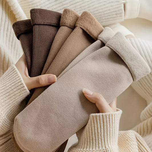 5 Pairs of Cozy Women'S Striped Knee-High Socks - Soft Polyester Blend, Warm & Fuzzy, Perfect for Home & Casual Wear, Everyday Comfort Socks | Neutral Color Palette | Knit Texture