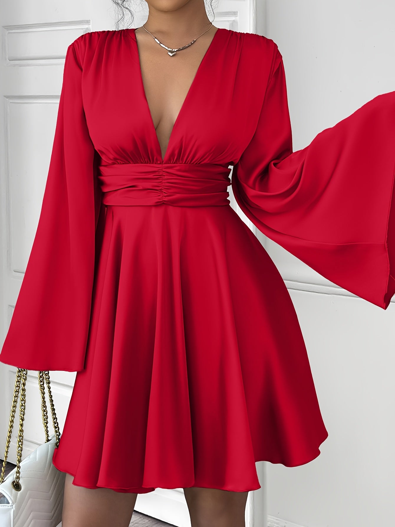 Women'S Elegant V-Neck Long Sleeve Pleated Mini Dress - Red, Ruched Bust, Deep Neckline, Fall Fashion, Casual to Formal Wear, Casual Dressing | Pleated Mini Dress | Ruched Detailing, Fall Dresses