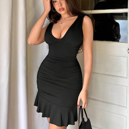 Vibrant V-Neck Bodycon Ruffle Hem Tank Dress - Elegant Sleeveless Polyester Dress for Women, Perfect for Spring, Summer, Wedding, Graduation, Engagement, Party, Holiday, and Birthday Occasions - Customized, Micro Elastic, Sol