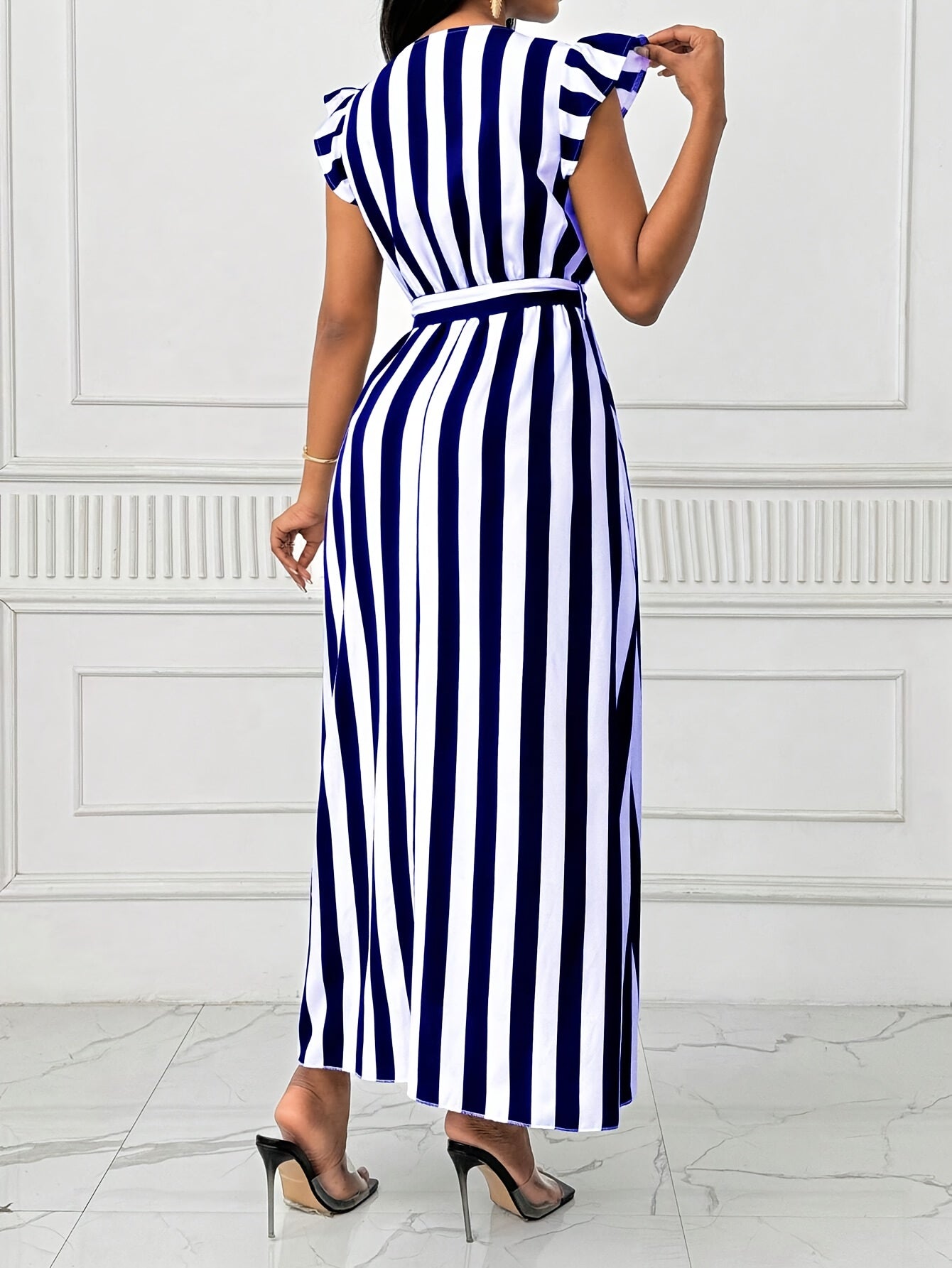 Women's V-Neck Striped Maxi Dress | Polyester A-Line with Ruffle Sleeves and Tie Waist Belt | All-Season, Machine Washable | Elegant Blue & White Vertical Stripes | Casual to Formal Wear