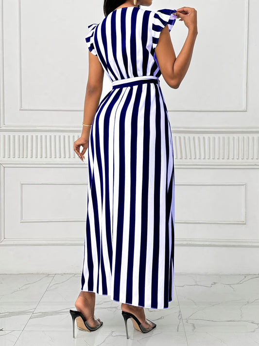 Women's V-Neck Striped Maxi Dress | Polyester A-Line with Ruffle Sleeves and Tie Waist Belt | All-Season, Machine Washable | Elegant Blue & White Vertical Stripes | Casual to Formal Wear