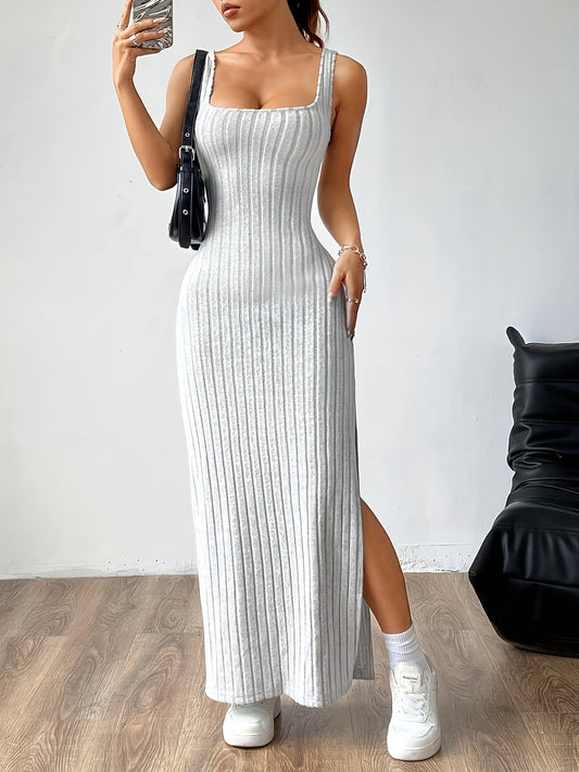 1pc Elegant Polyester Knit Maxi Dress for Women - Solid Color, Square Neck, Sleeveless, Regular Fit, Side Split, Long Length - Versatile for Spring/Summer/Fall