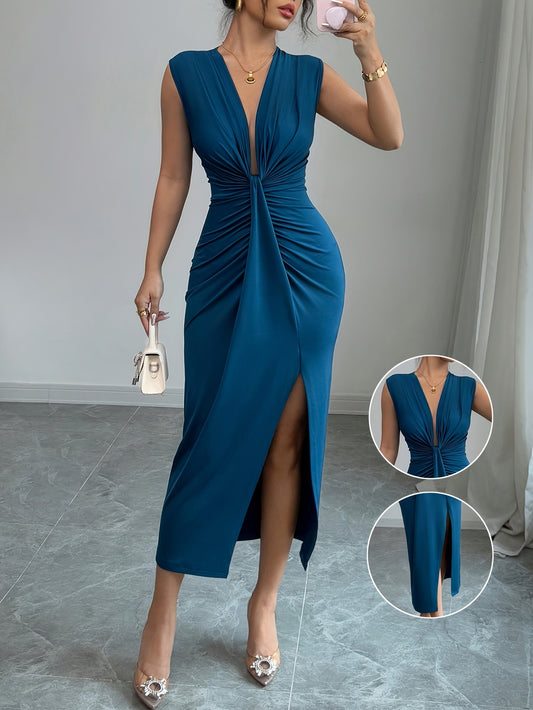Elegant Blue V-Neck Sleeveless Maxi Dress with Side Slit - Polyester, Form-Fitting, Perfect for Spring/Summer, Adult Women'S Fashion, Elegant Attire| Formfitting Dress|Polyester Fabric