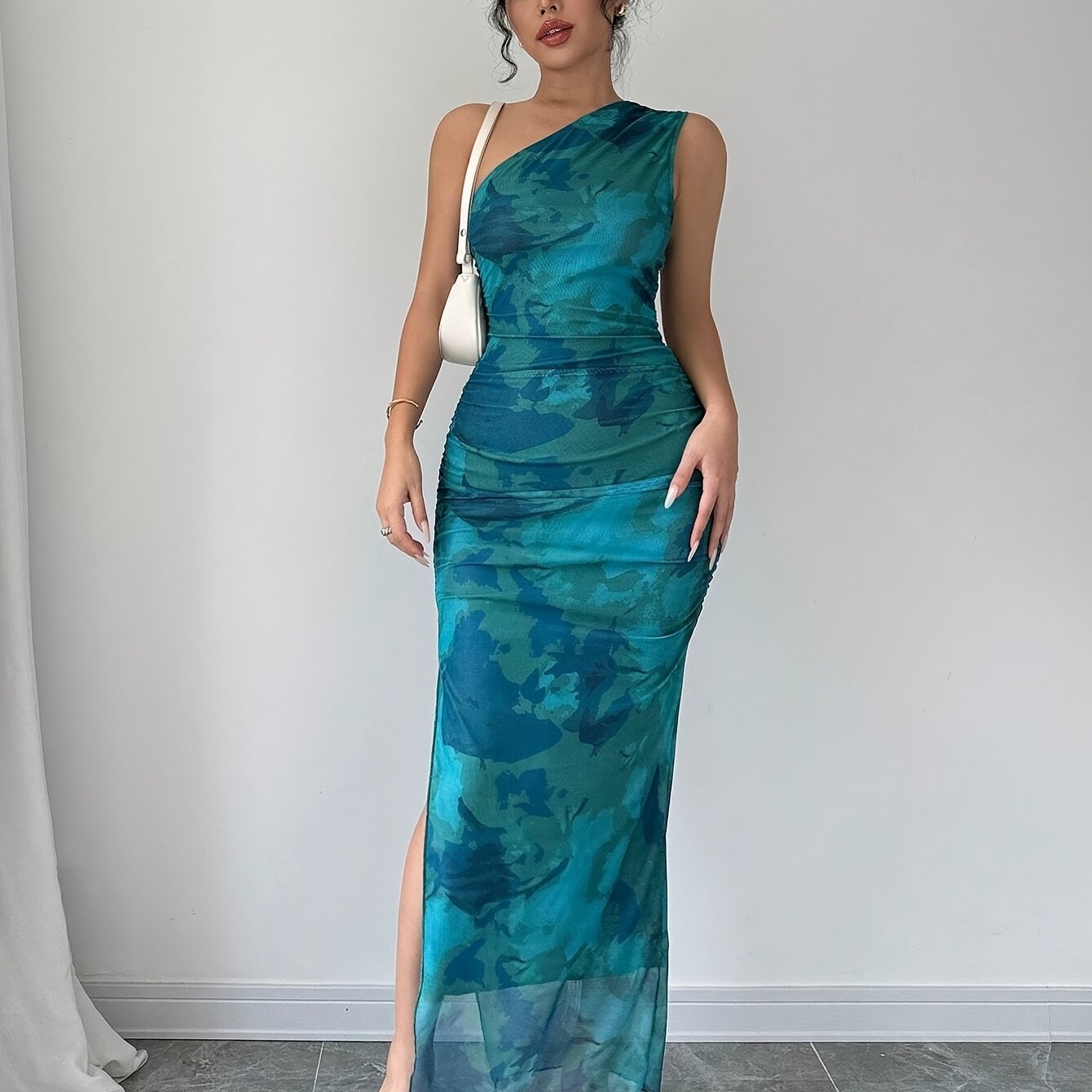 Elegant One-Shoulder Floral Print Sleeveless Maxi Dress with Side Slit - Teal Blue, Ruched Detail, High Stretch Polyester for Summer Formality, Floral Print Dress